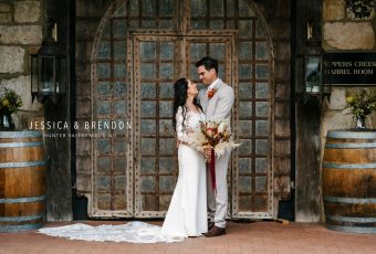 Bride and groom standing outside Peppers Creek Hunter Valley on their wedding day